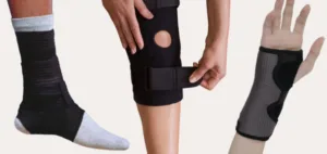 A knee sleeve, ankle brace, and wrist support — physio bracing solutions for joint protection, stability, and injury recovery.
