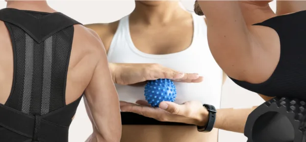 A posture corrector, trigger ball, and foam roller — physio and exercise physiology tools for rehabilitation and recovery.
