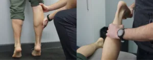 A podiatry specialist examining a patient's leg and foot to assess alignment and determine custom orthotic needs.